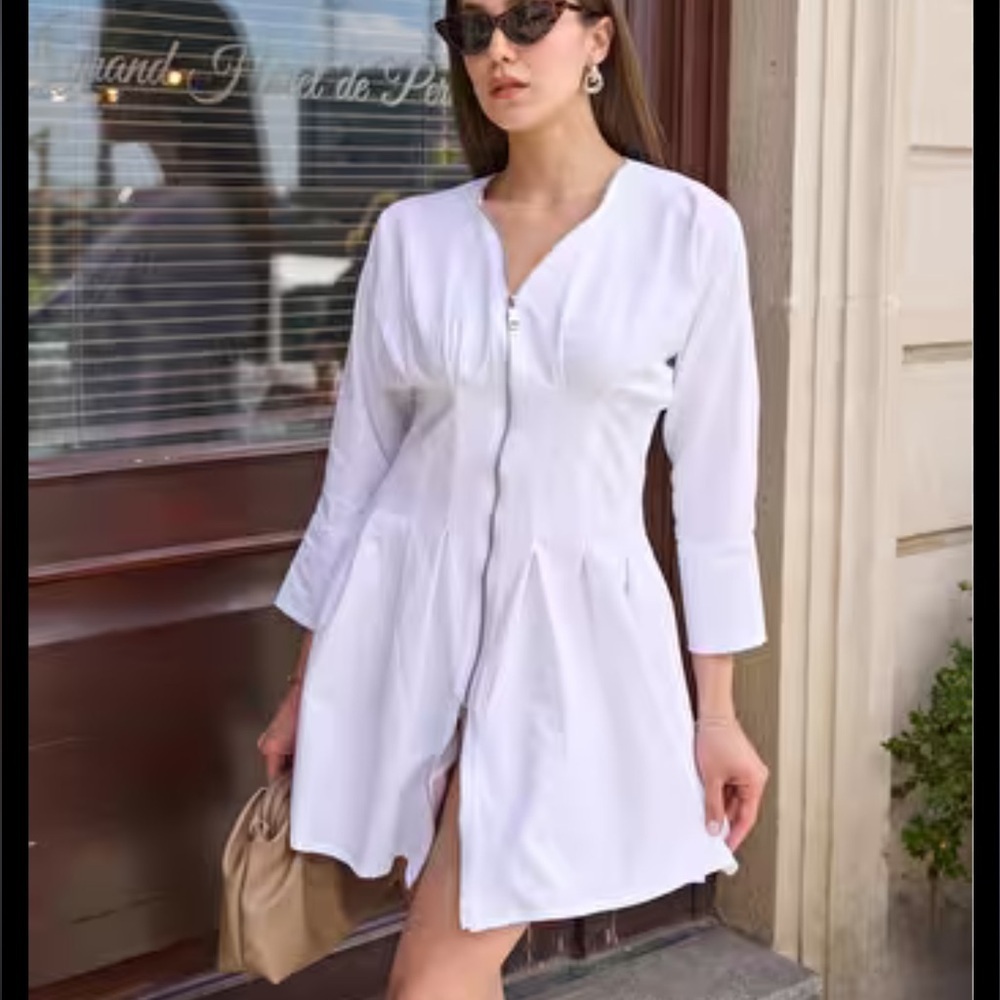 Zoey White Full Zip Long Tunic Top Shirt Dress Cotton Stretch Size Medium
